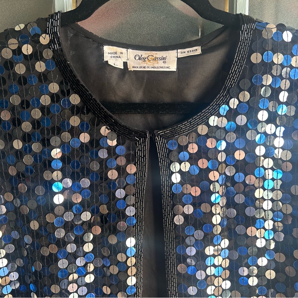Vintage Sequin Beaded 100% Silk Oversized Jacket Oleg Cassini Silver & Blue L - Picture 5 of 12